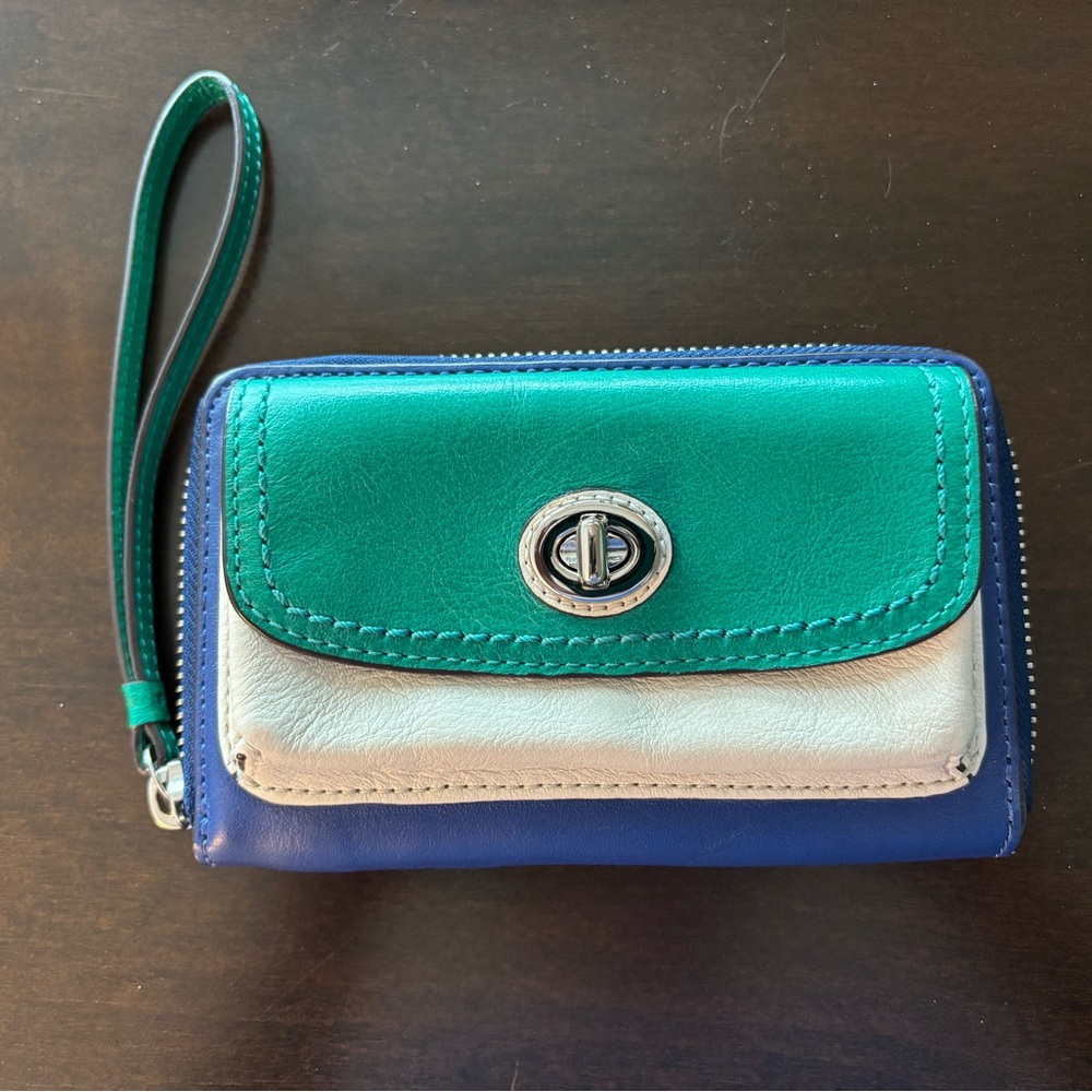 Vintage Coach Parker Green White Blue Colour Block Leather Wallet Wristlet